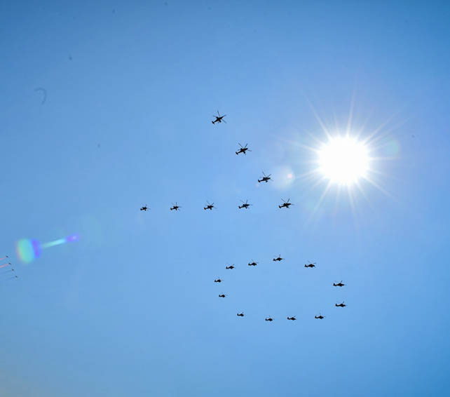 空中編隊が真っ先に天安門上空を通過