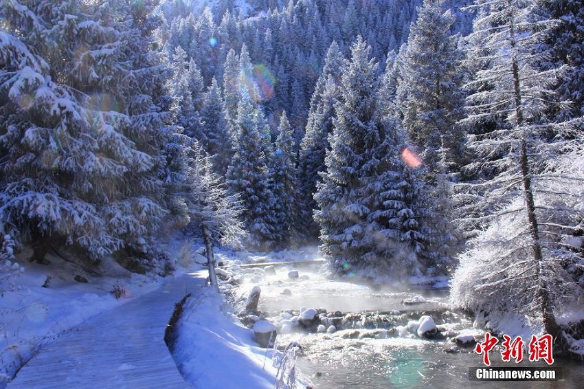 天山天池景勝地が氷雪の世界に　新疆ウイグル自治区