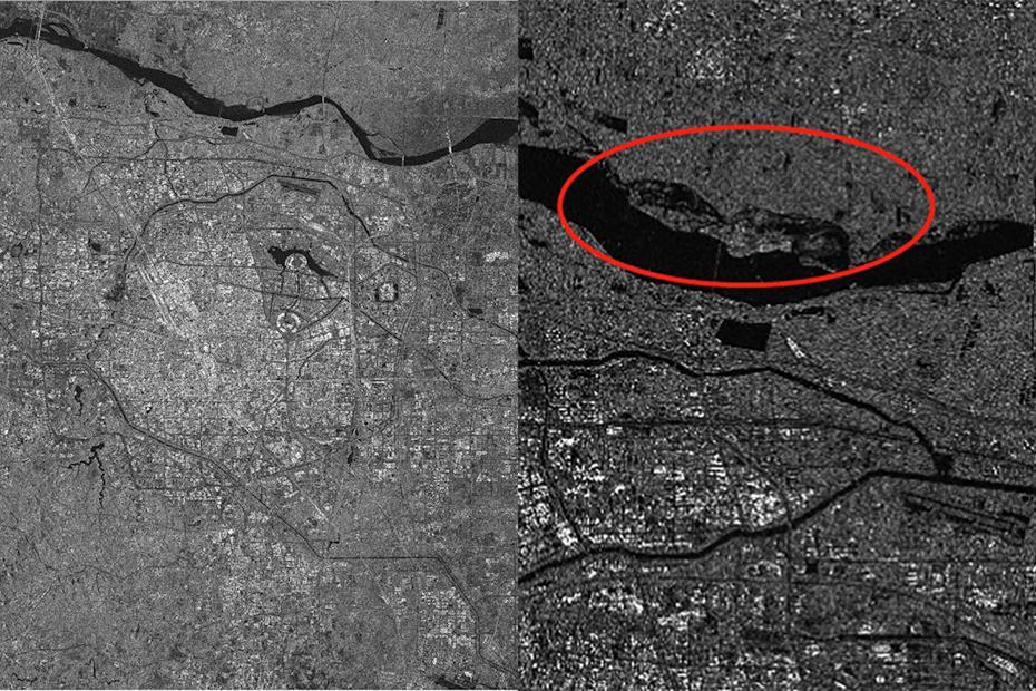 6月9日時点と7月20日時点の画像データの比較（写真ソース・中国高分観測）。