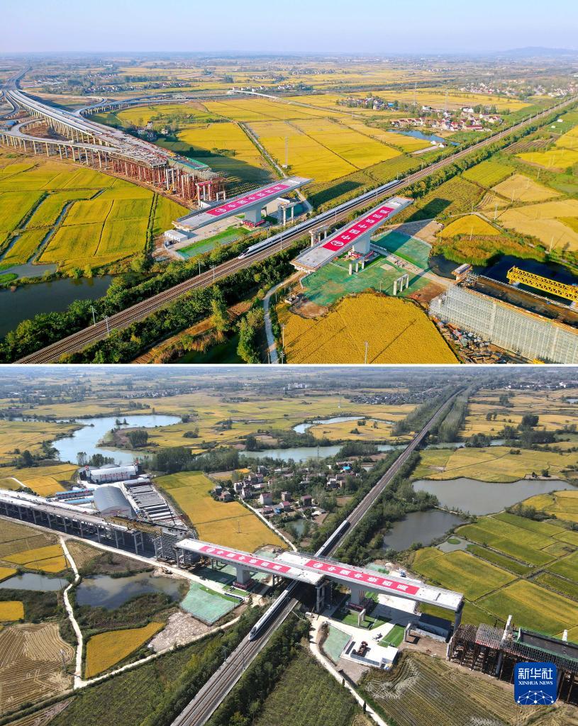 回転作業前の明巣高速道路の2本の回転架設橋（写真上、10月11日、ドローンによる撮影・劉玉才）。回転作業が完了した明巣高速道路回転架設橋の下を走る高速列車（写真下、10月12日、ドローンによる撮影・劉軍喜）。