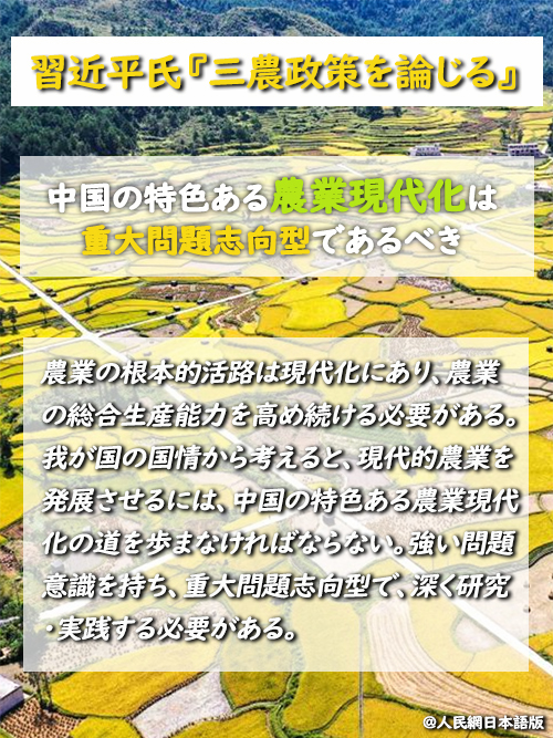 【習近平氏『三農政策を論じる』】中国の特色ある農業現代化は重大問題志向型であるべき