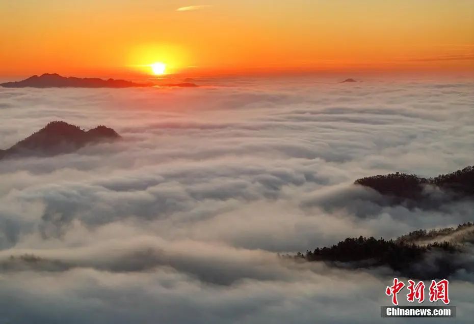 安徽省の黄山の日の出と雲海（撮影・施亜磊）。